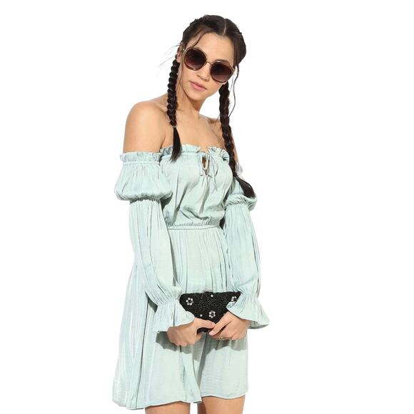 Forever 21 Green Off Shoulder Ruffle Tie Long Sleeve Elastic Waist Mini Dress M - Picture 1 of 9